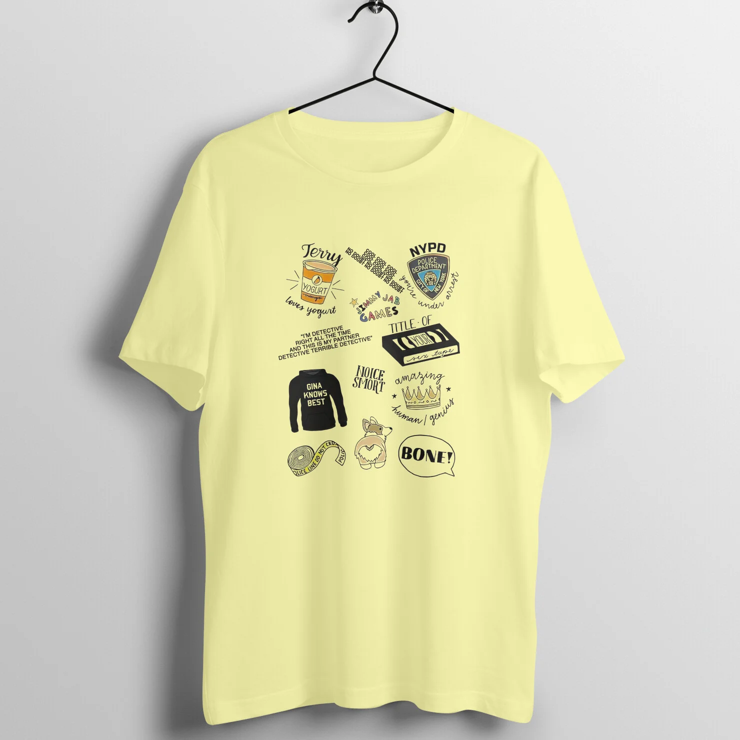 front-6162caaf01fce-Butter_Yellow_S_Men_Round.jpg B 99 T-Shirt | Collage of B99 - Image 1