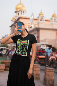 phone case mockup of a woman wearing a round neck gildan t shirt m31403 (medium)