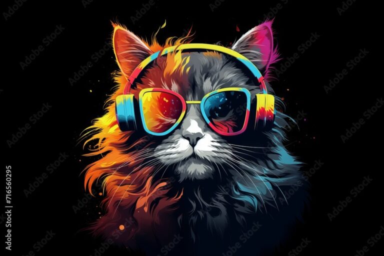 Hipster cat listening to music in headphones and sunglasses. Cute furry feline in trendy outfit. Vector illustration for apparel, accessories, and home decor.