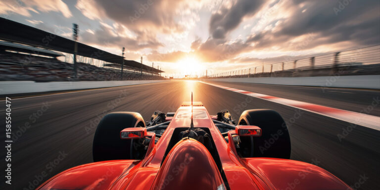 red formula one bolide sports racing car is driving fast on track in F1 race. Driver point of view