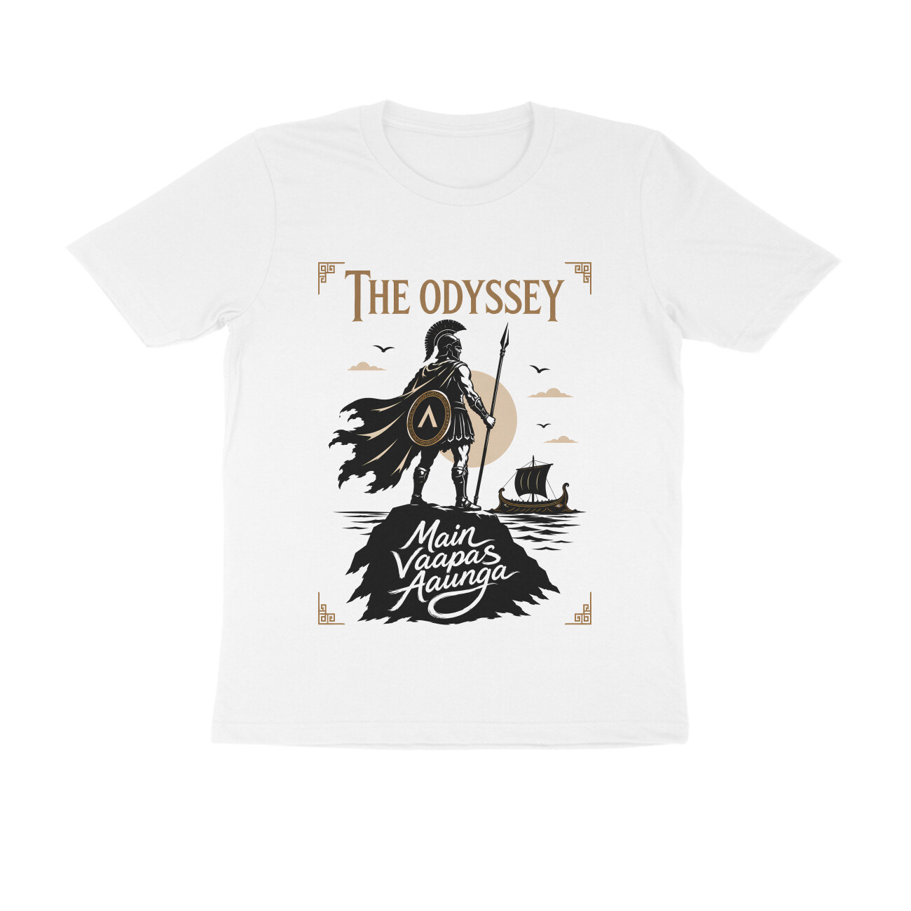 The Odyssey T-shirt - Main Vaapas Aaunga Warrior - White front 6a6286eb49806 white s men round.jpg