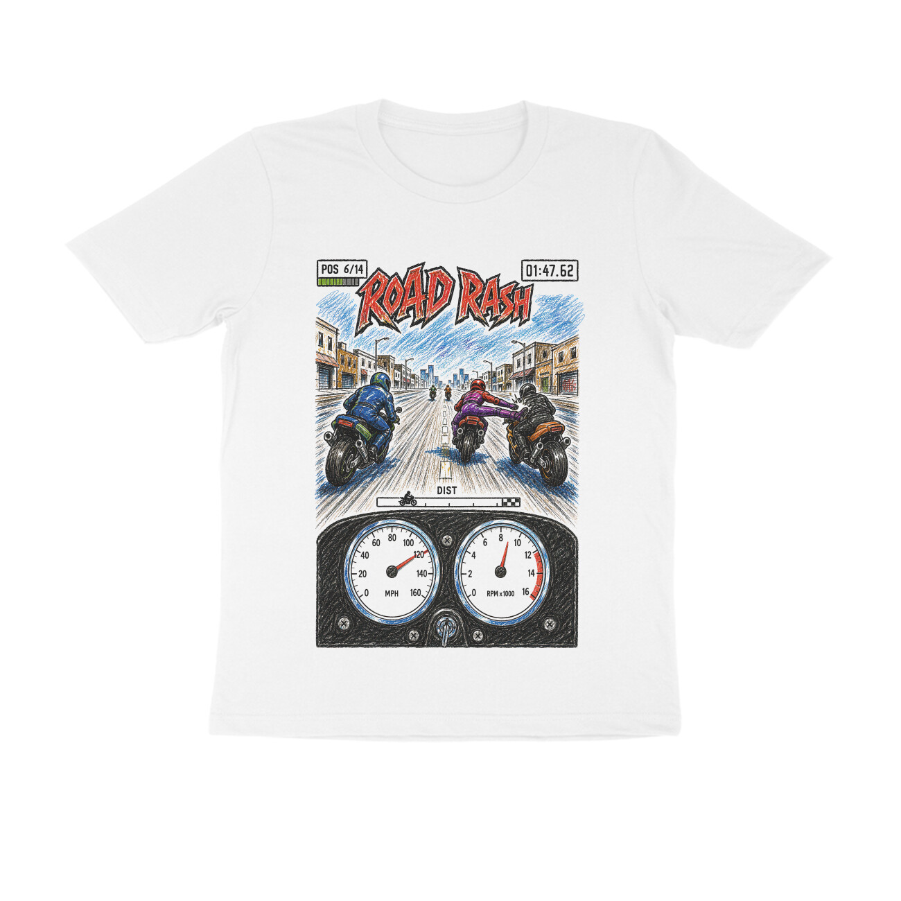 Road Rash T-shirt - Arcade Racing - White front 6a68b9f6dc94c white s men round.jpg