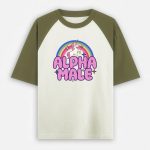 Alpha Male Two-Tone Oversized T-shirt - Rainbow Unicorn - Olive Green / White