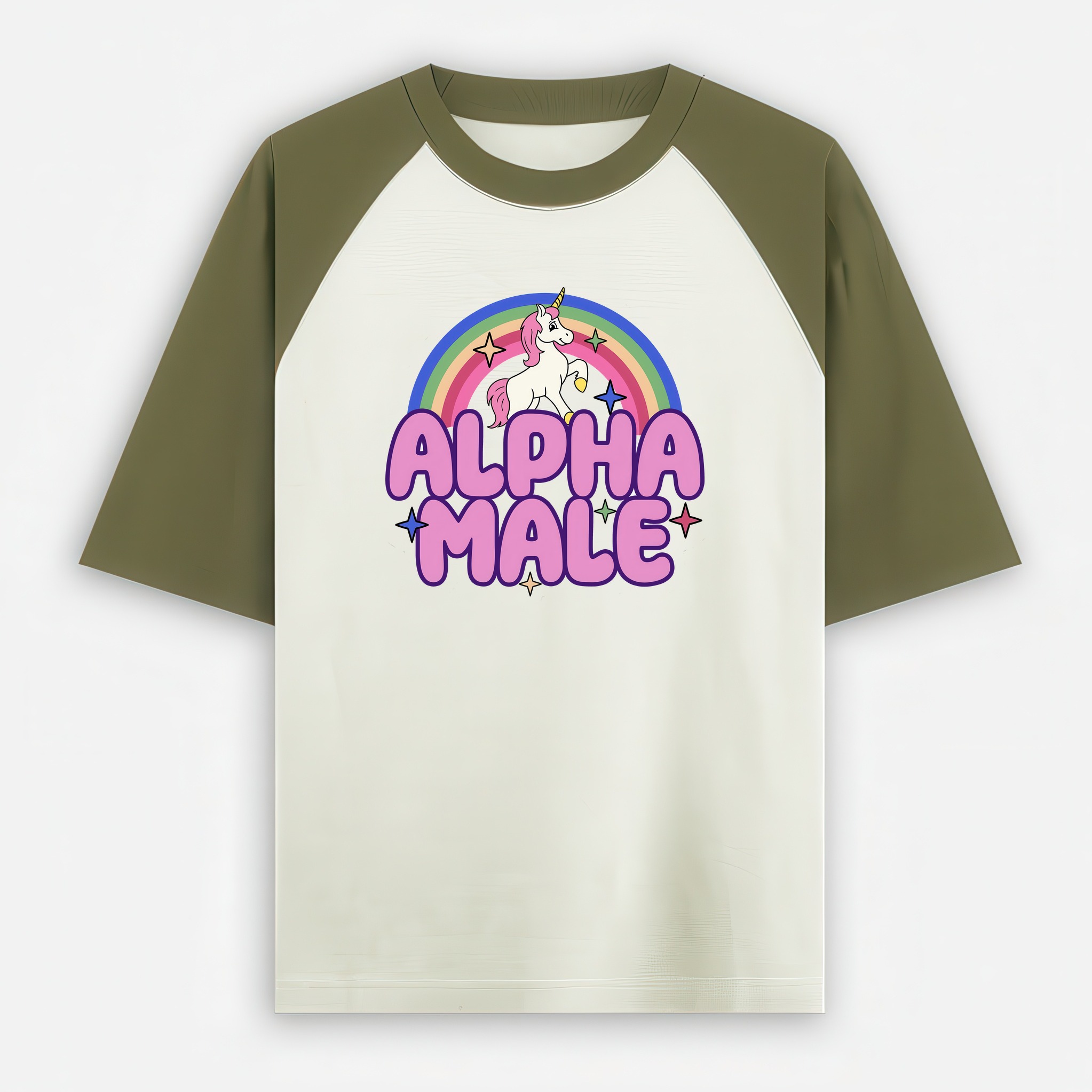 Alpha Male Two-Tone Oversized T-shirt - Rainbow Unicorn - Olive Green / White Alpha Male Two-Tone Oversized T-shirt - Rainbow Unicorn - Olive Green / White