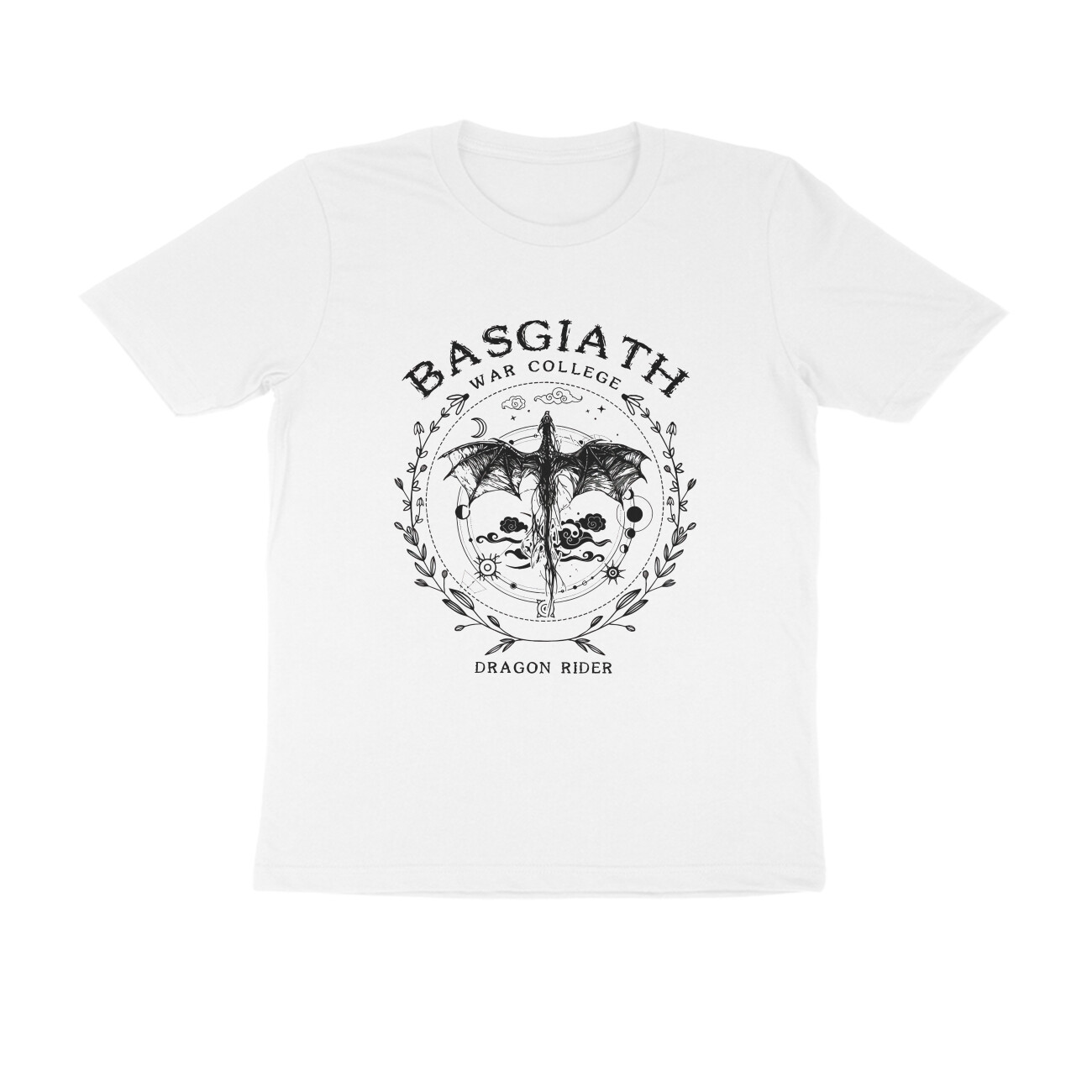 Fourth Wing T-shirt - Basgiath Dragon Rider - White front 6a7b9e7018e99 white s men round.jpg
