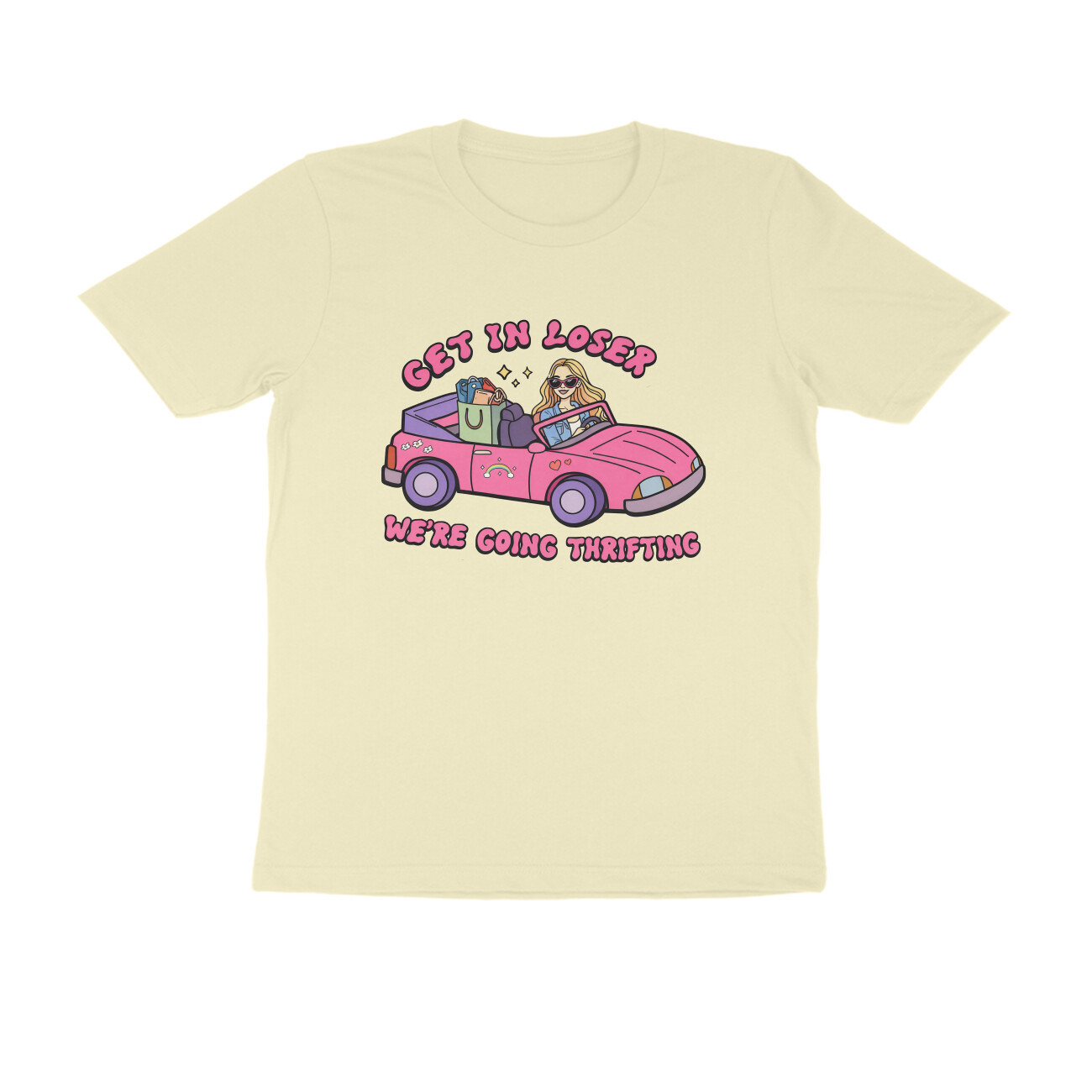 Get In Loser T-shirt - We're Going Thrifting - Almond front 6a7b9fc7ba807 almond s men round.jpg