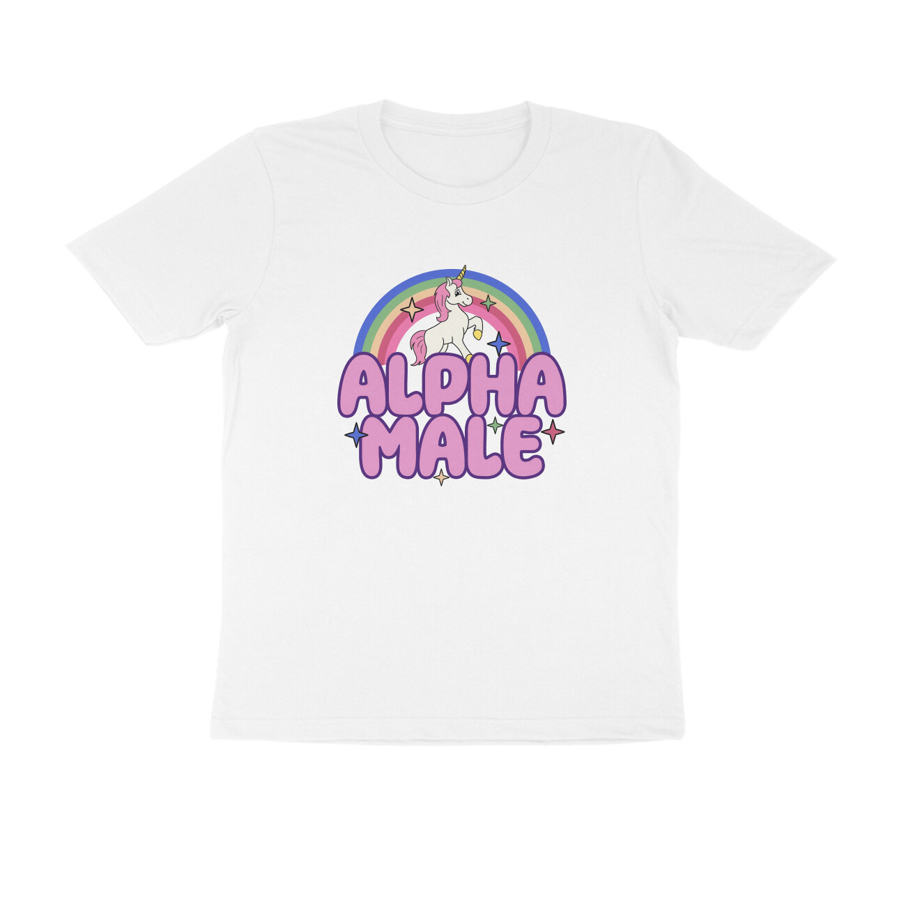 Alpha Male T-shirt - Rainbow Unicorn - White front 6a7c82b20e336 white s men round.jpg