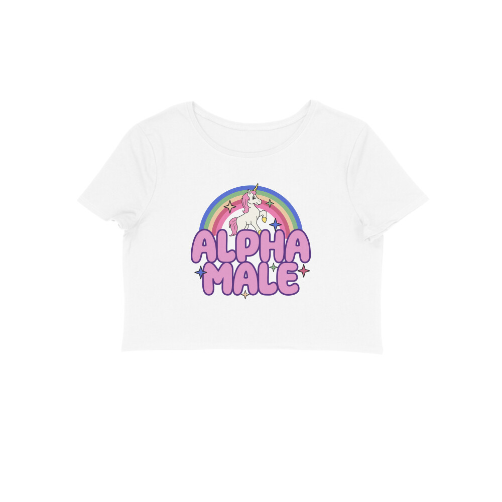 Alpha Male Crop Top - Rainbow Unicorn - White front 6a7c83667793e white s women crop top.jpg