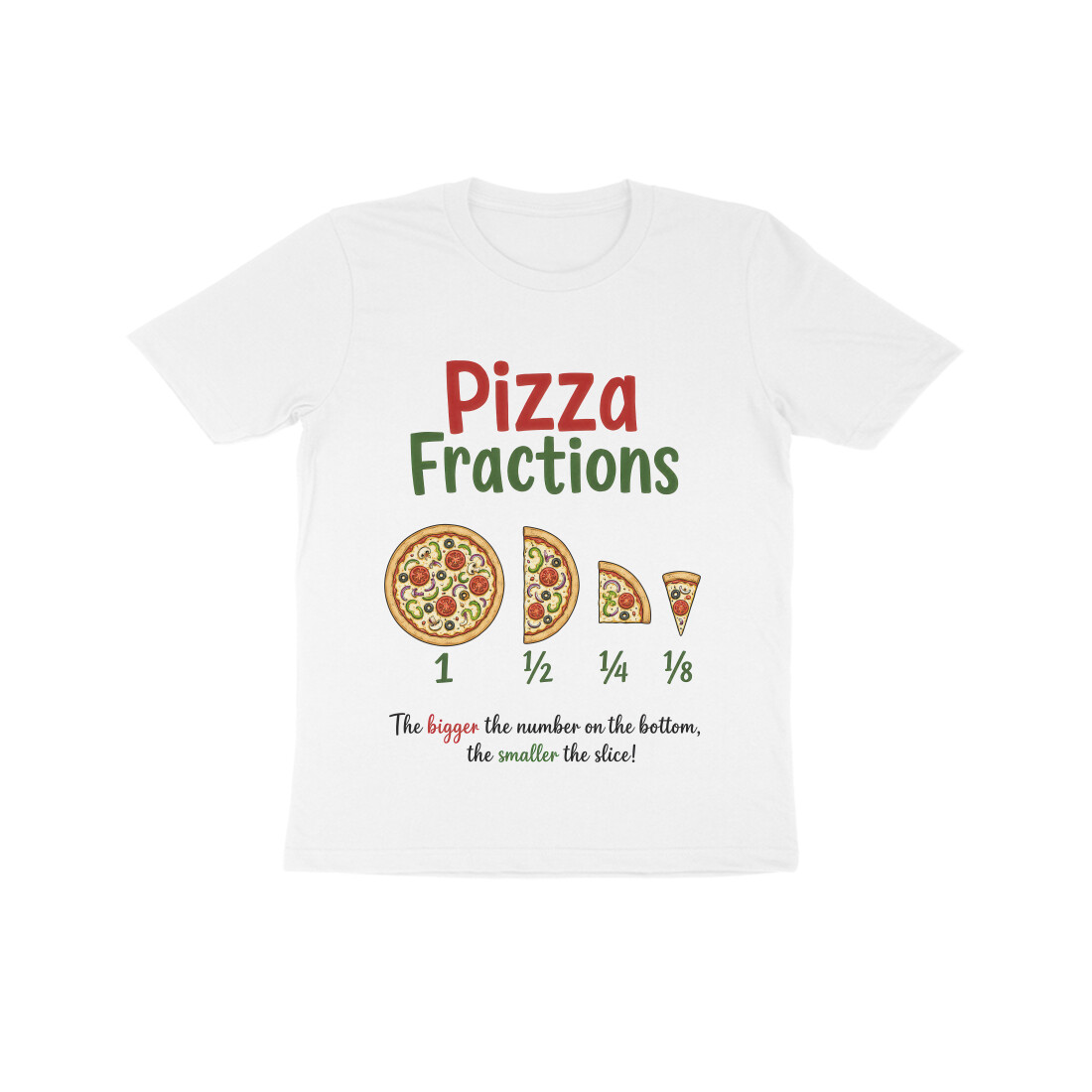 Pizza Fractions Kids T-shirt - Math Lesson - White front 6a96e5bb1015b white 8 kids half sleeve round neck tshirt.jpg