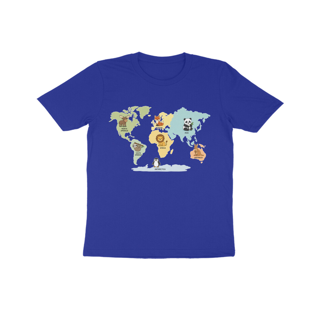World Map Kids T-shirt - Animals by Continent - Royal Blue front 6a97247b2943a royal blue 8 kids half sleeve round neck tshirt.jpg