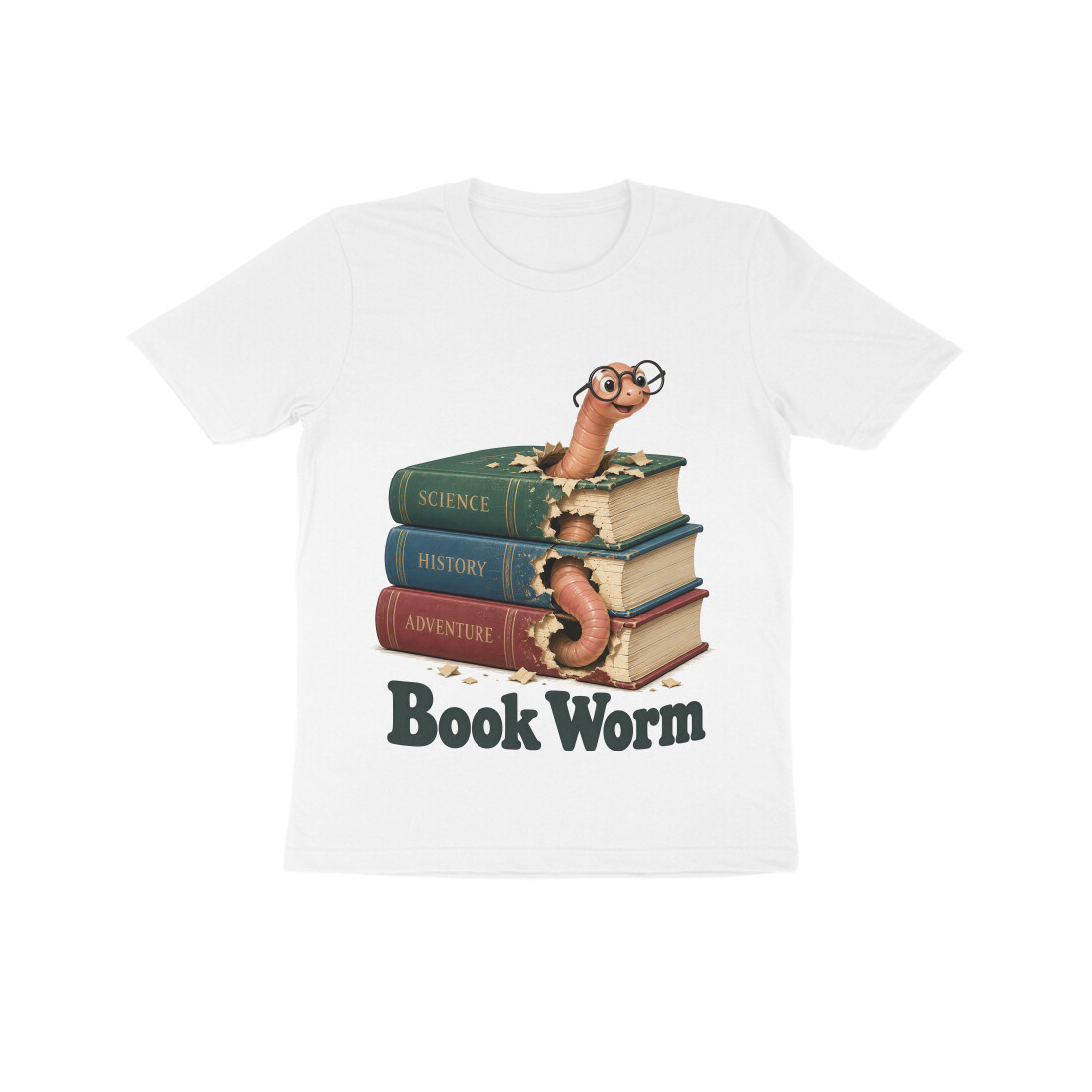 Bookworm Kids T-shirt - Reading Worm - White front 6aabede65b53a white 8 kids half sleeve round neck tshirt.jpg
